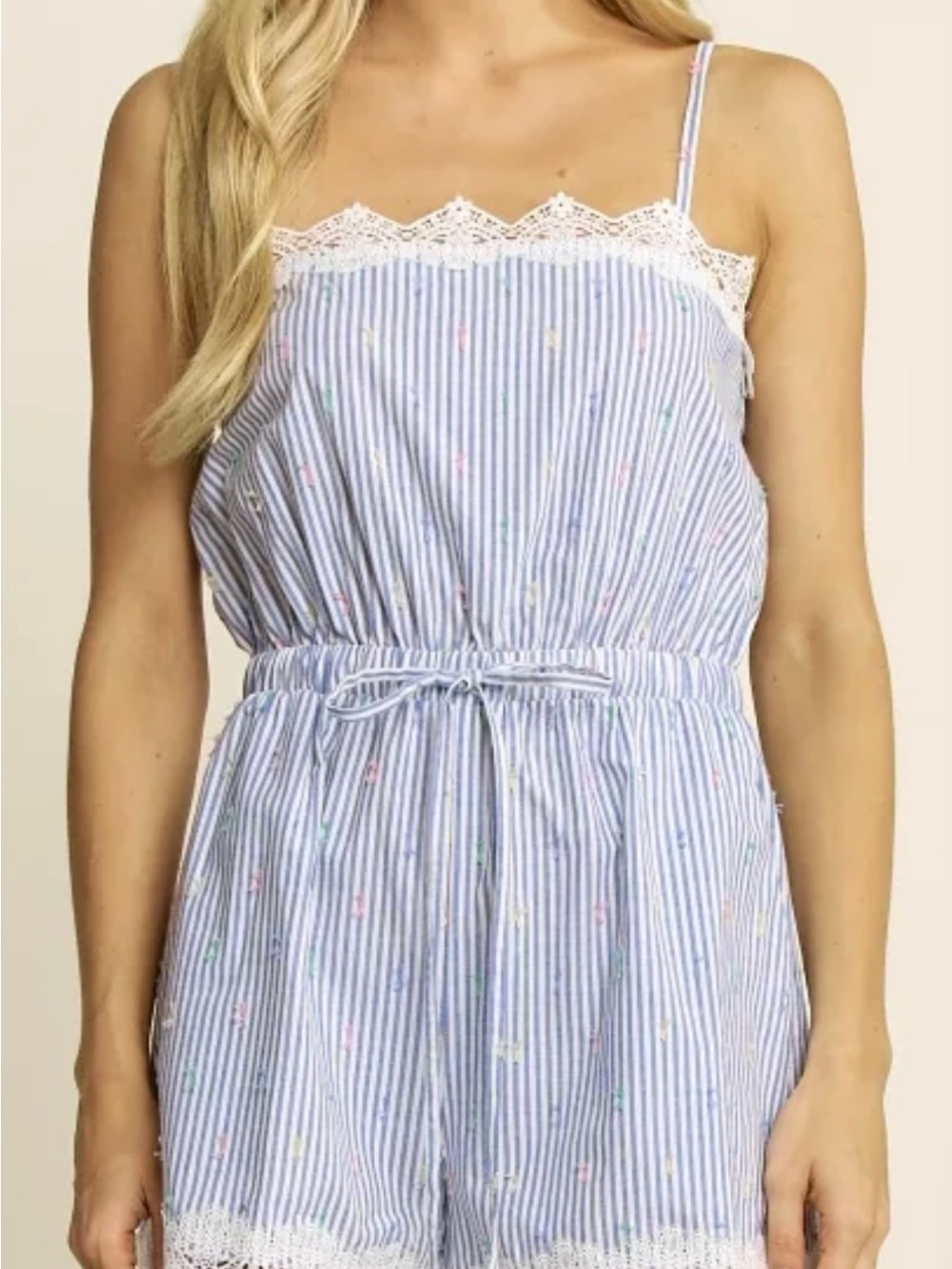 Elevator Disco Social Butterfly Striped Lace-Trim Romper